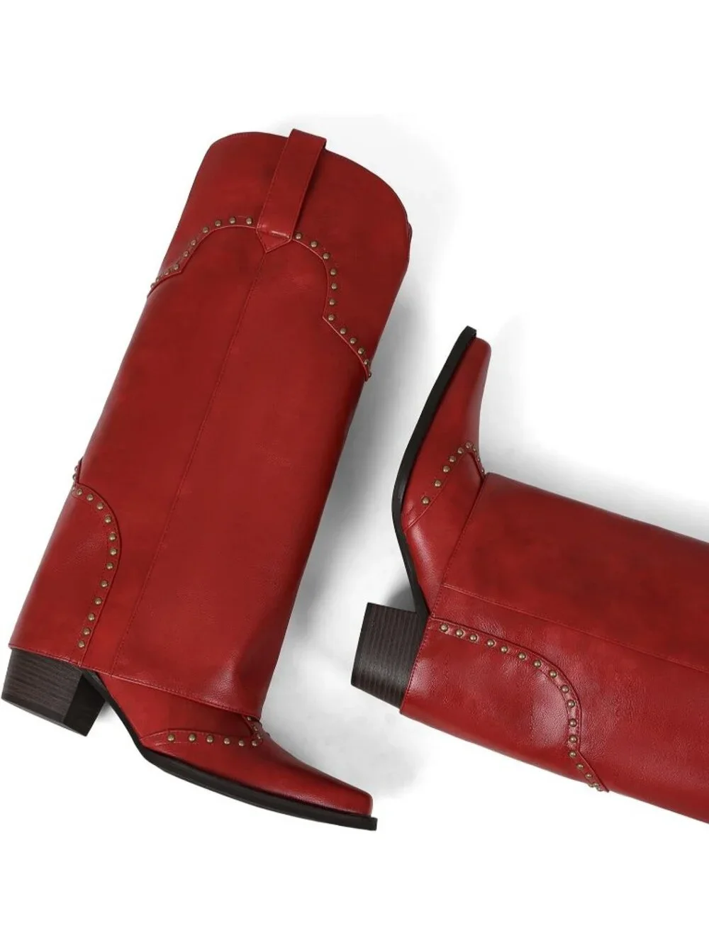 Women's Red Polyurethane (PU) Studded Fold Over Knee High Chunky Heel Boot